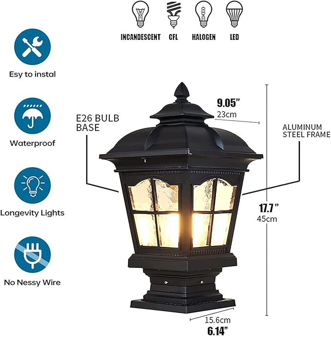 Outdoor Column Lights Waterproof Post Lights Fixture Aluminium Glass Modern Pillar ations for Patio Villa Garden Fence E26 Black