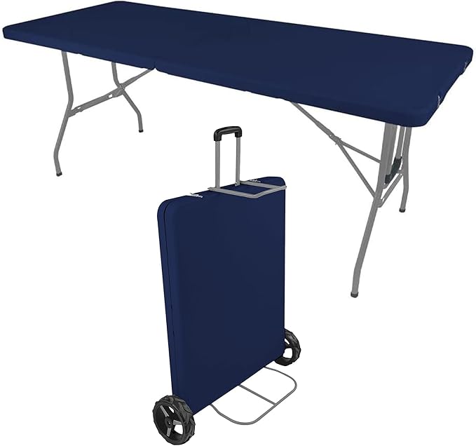Creative Outdoor Folding Table and Chairs 6 Ft Built-in Wheels Portable Durable Plastic (Blue &amp Gray)