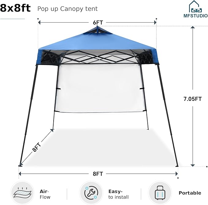 MFSTUDIO 8x8 Pop up Canopy Tent Gazebo Shelter Sun Shade Canopies Patio Portable Popup Tents Easy Setup Waterproof with 6x6ft Top1 Sidewall for BeachPartiesPicnics
