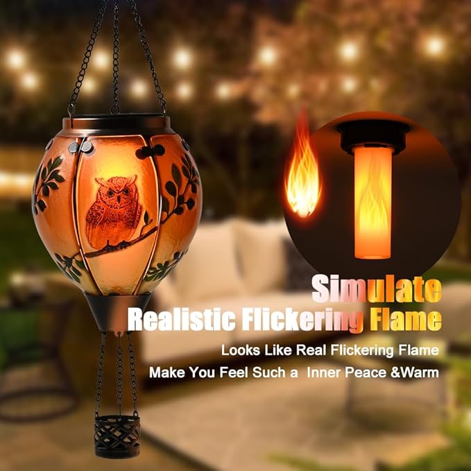 Hot Air Balloon Solar Lantern - Owl Stained Glass Lantern Simulated Flickering &amp Dancing Flame Outdoor Hanging Yard Light Waterproof IP65 for Patio Lawn Porch Decor Gift