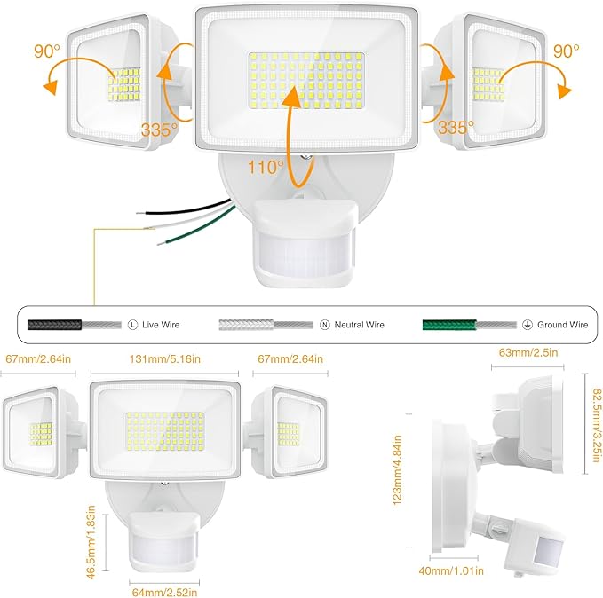Onforu 75W LED Flood Light Motion Sensor Outdoor 7000lm Dusk to Dawn Flood Light Security Light with Three Head IP65 Waterproof Exterior Floodlight 6500k Wall Light for Entryway Stairs Yard Garage