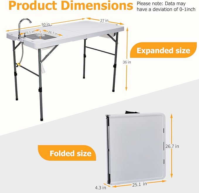 Outvita Fish Cleaning Table 50 Folding HDPE Outdoor Fish Cleaning Station with Sink and Trash Can 360° Stainless Steel Faucet Drainage Hose Working Platform for Camping Food Handling