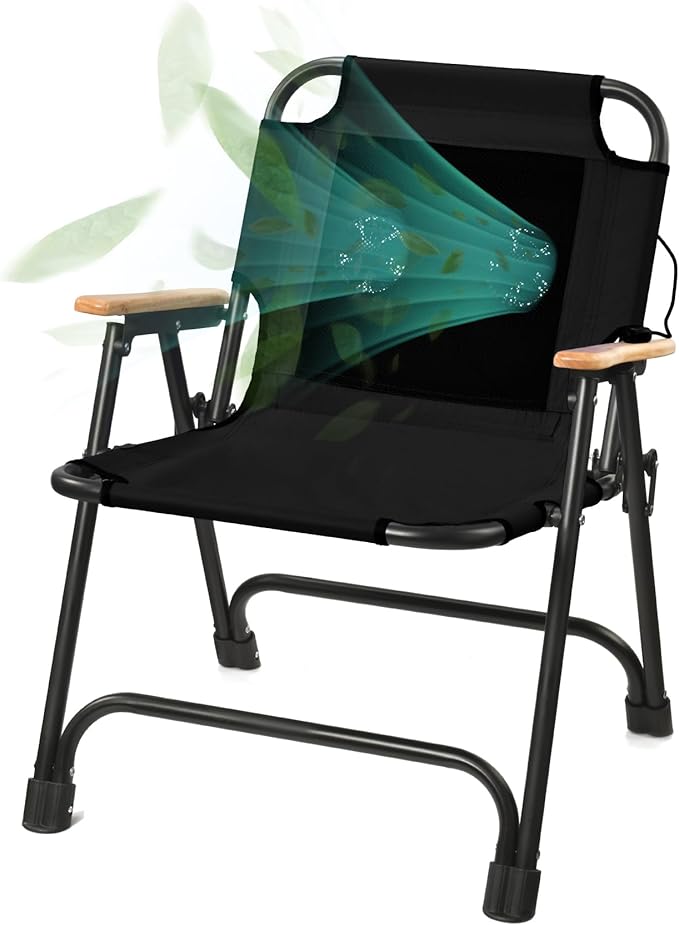 KNINE OUTDOORS Foldable Beach Chair Camping Chair with Fan with USB-Powered Cooling System for Camp Beach Fishing (Black)