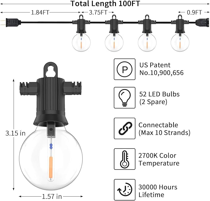 ZOTOYI Outdoor String Lights Waterproof 100 FT G40 Globe LED Outdoor Lights for Patio with 52 Shatterproof Bulbs(2 Spare) String Lights for Outside Cafe Porch Backyard