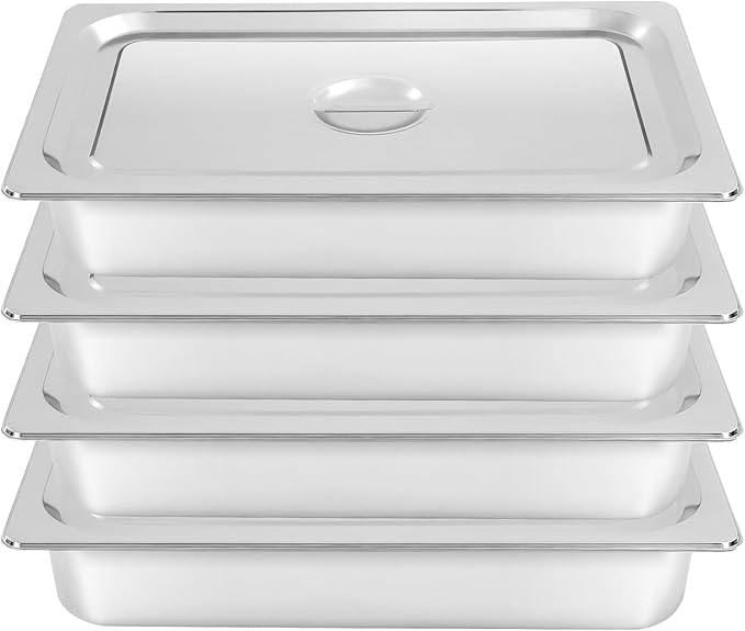 4 Pack Steam Table Pans with Lid 9L/2.38Gal Stainless Steel Hotel Pans Food Storage Container Commercial Buffet Warmer Catering Supplies for Restaurants Hotels Buffets