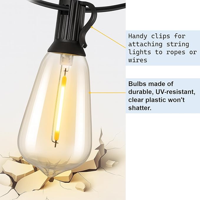 100ft Outdoor String Lights with Rotary Dimmer 52 LED Edison Bulbs Dimmable Waterproof Shatterproof 2200K Warm