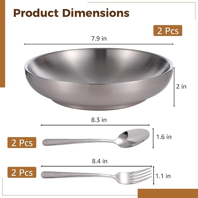 2 Pcs Stainless Steel Plates and Cutlery Set 7.9 in Dinner Plates for Camping Picnic Deepened Design Includes Spoons and Forks