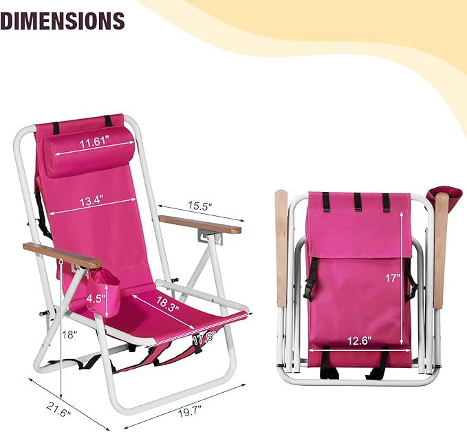 Set of 2 Folding Backpack Beach Chairs for AdultsOutdoor Folding Heavy Duty Camping Chair with Large Pockets and Cup HolderAdjustable high Beach Lounge Chairs for OutdoorTravel (Pink)