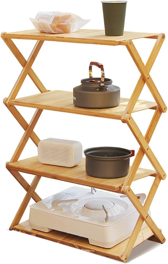 Wood Rack Portable Strong Bearing Capacity Folding Wooden Shelf for Outdoor Picnic 3 Layer Down Into Lightweigh Wood RackFolding Wooden ShelfCamping Portable Folding ShelfFolding (4 Layers)