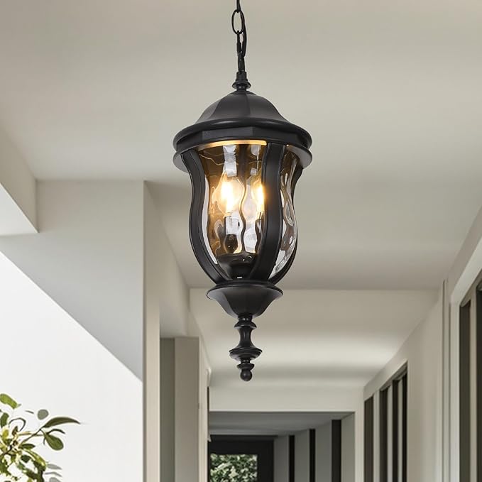 Large Outdoor Pendant Light Fixtures 19.1'' Exterior Hanging Lantern Porch Light Adjustable Black Hanging Lamp Farmhouse Exterior Chandelier Ceiling Mount for Entrance Patio