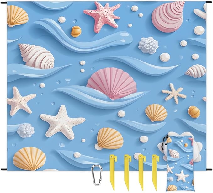 Waterproof Sandproof Beach Blanket 59''×68'' Ocean Decoration Shell Polyester Outdoor Picnic Blanket with 4 Stakes &amp Storage Bag for BeachCampingVacation