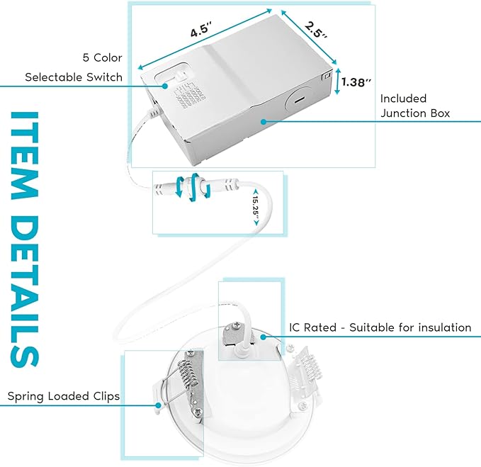 LUXRITE 16-Pack 3 Inch Ultra Thin LED Recessed Lighting 6W 5 Color Selectable 2700K | 3000K | 3500K | 4000K | 5000K CRI 90 500 Lumens Dimmable LED Wafer Lights Wet Rated IC Rated Baffle Trim