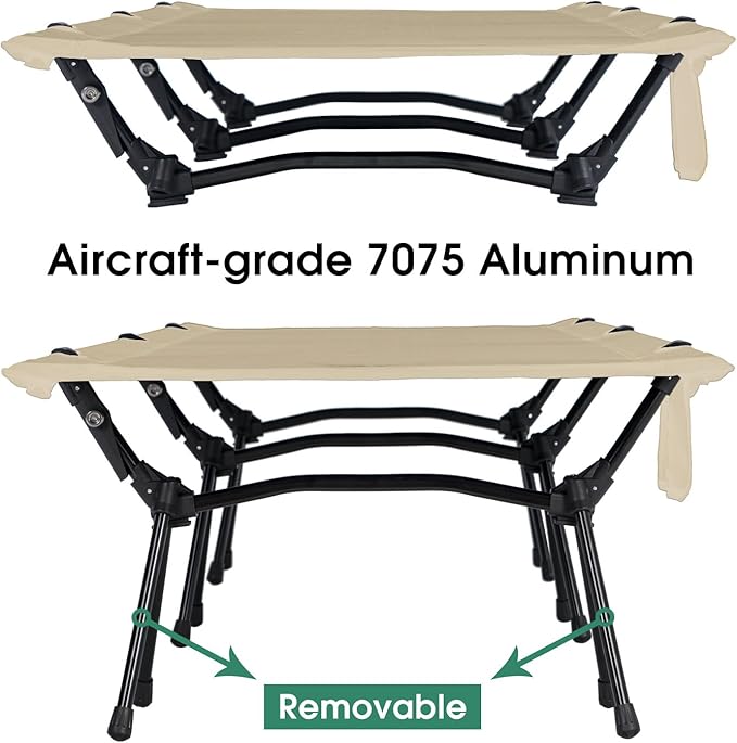 CAMPNACHT Ultralight Camping Cot with Leg Extenders Aluminum Lightweight Folding Cot for Adults Portable Backpacking Compact Tent Cot for Outdoor Hiking 1 Pack with 2 Use Modes Khaki