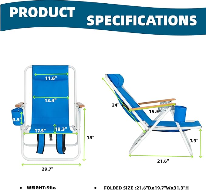 1PC Portable High Strength Beach Chair with Adjustable Headrest &amp Cup Holder Iron &amp 600D Polyester 330lbs Capacity Blue Foldable Chair for Beach Camping Hunting Fishing (Blue 1PC)