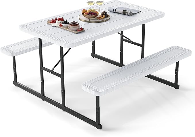 Giantex Picnic Table Bench Set for 4 People 4.5FT Outdoor Rectangular Dining Table &amp 2 Benches w/Umbrella Hole HDPE Tabletop Metal Frame Patio Garden Backyard Poolside (4.5FTNon-FoldableWhit