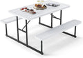 Giantex Picnic Table Bench Set for 4 People 4.5FT Outdoor Rectangular Dining Table &amp 2 Benches w/Umbrella Hole HDPE Tabletop Metal Frame Patio Garden Backyard Poolside (4.5FTNon-FoldableWhit