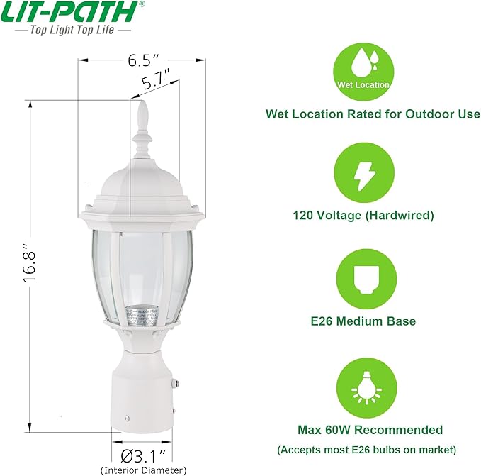LIT-PaTH Dusk to Dawn Outdoor Post Lighting Fixture Pole Lantern E26 Medium Base Max 60W Aluminum Housing Plus Glass Bulb Not Included (White 1-Pack)