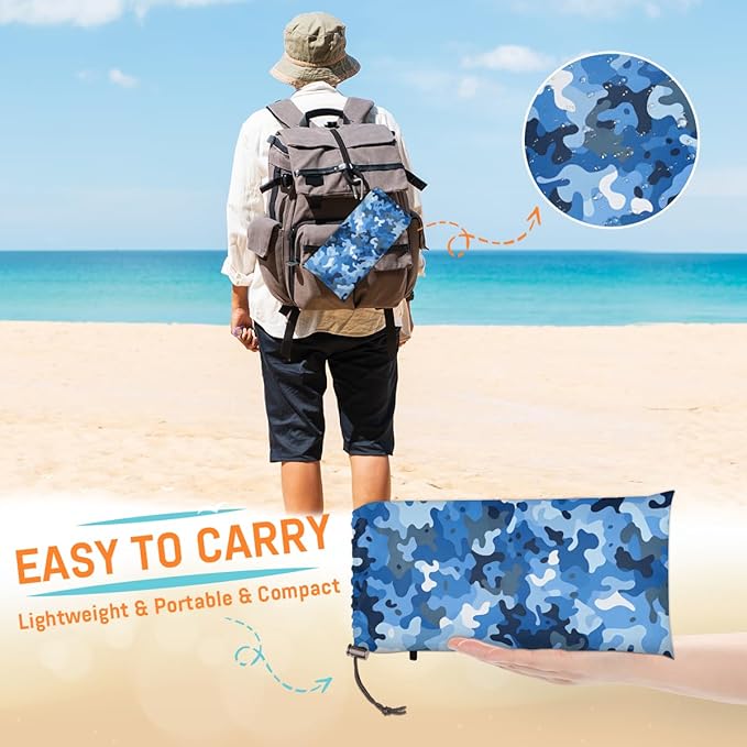 Waterproof Sandproof Beach Blanket 59''×68'' Camouflage Polyester Outdoor Picnic Blanket with 4 Stakes &amp Storage Bag for BeachCampingVacation Blue