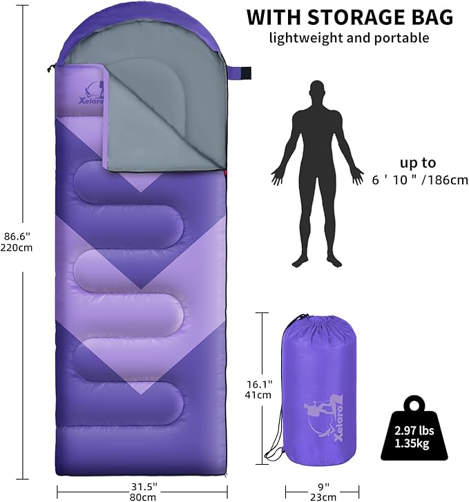 Sleeping Bag for Adults Girls Boys - 3 Season Warm &amp Cool Weather Lightweight Waterproof Camping Bag for Hiking Outdoor Travel