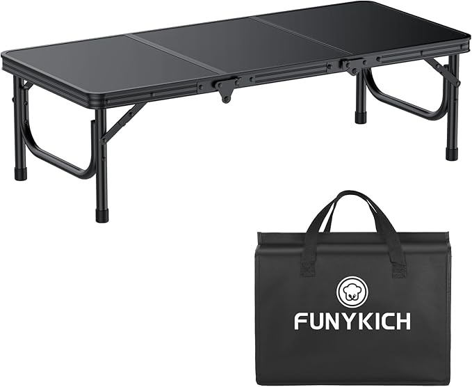 FUNYKICH 3ft Low Folding Camping Table with Carry Bag 34.2'' Lx15.7'' W Portable Picnic Tables Lightweight Thicker Aluminum Beach Table with Carry Handle for Beach Camping Picnic Black