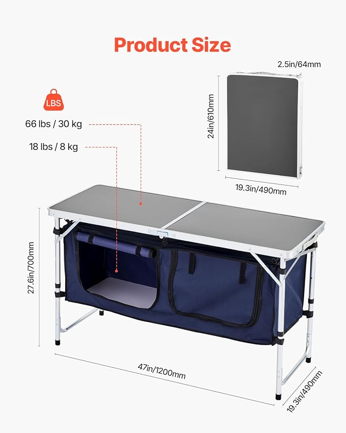 VEVOR Camping Kitchen Table Folding Outdoor Cooking Table 3 Adjustable Height Aluminum Lightweight Portable Cook Station with Storage Organizer Carry Handle for BBQ Party Picnic RV Travel Blue