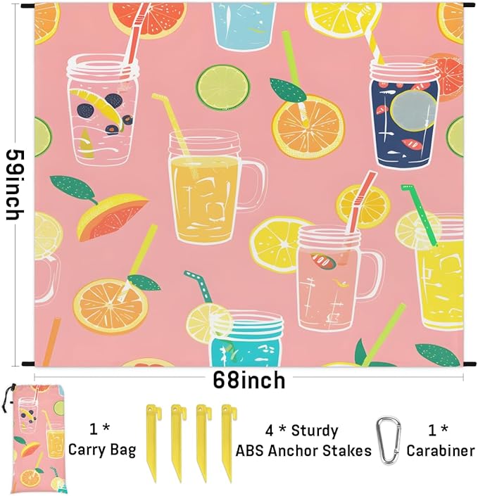 Waterproof Sandproof Beach Blanket 59''×68'' Food Juice Polyester Outdoor Picnic Blanket with 4 Stakes &amp Storage Bag for BeachCampingVacation Light Pink