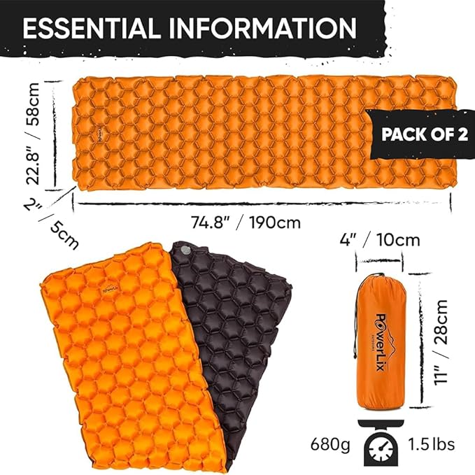 POWERLIX 2 Pack Sleeping Pad for Camping Ultralight Inflatable Sleeping Mat Compact Lightweight Self Inflating Camping Air Mattress for Backpacking Hiking Traveling Tent Pump Bag Included