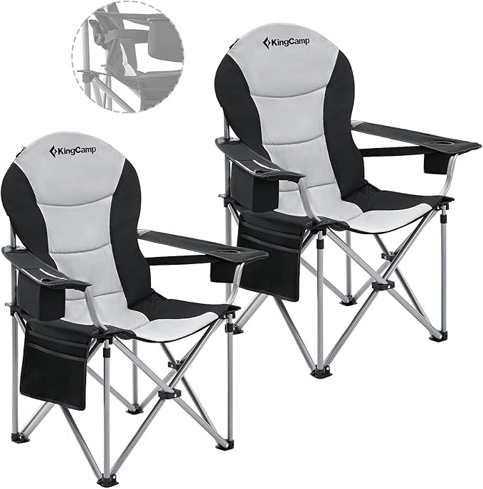 KingCamp Folding Portable Camping Chairs Oversized Padded Quad Arm Chair with Cooler Bag Cup Holder and Side Pocket Heavy Duty Supports 300 lbs for Outdoor Lawn Fishing Sports