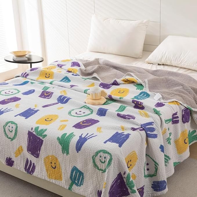 Bnitoam 100% Cotton Bed Blanket Twin Size 60x80 3 Layer Muslin Blanket Cooling Breathable Lightweight Summer Gauze Throw for Hot Sleepers Kids Birthday Gift (Print 60x80)