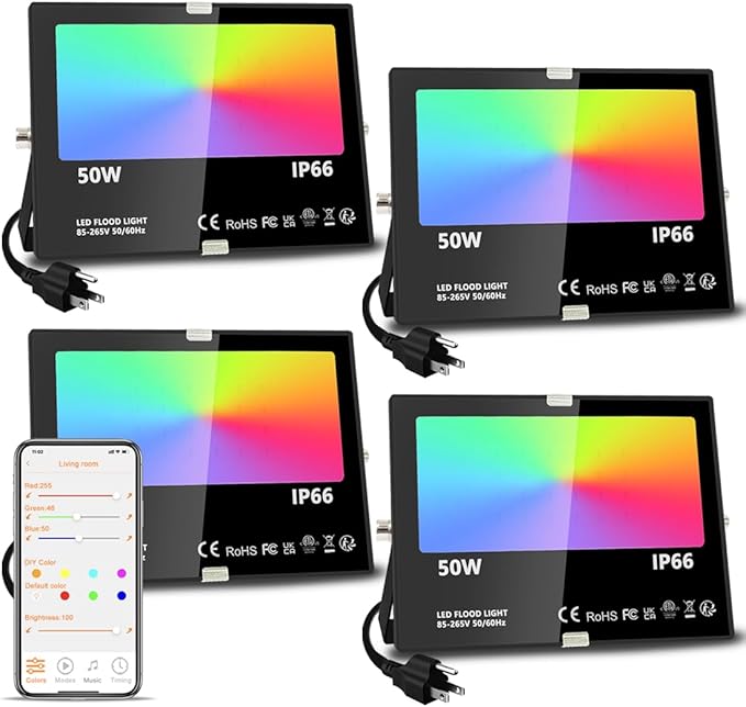 MELPO LED Flood Light Outdoor 500W Equivalent 5000LM Smart RGB Landscape Lighting with APP Control DIY Scenes - Timing - Warm White 2700K - Color Changing Uplight IP66 Waterproof US Plug (4 Pack)