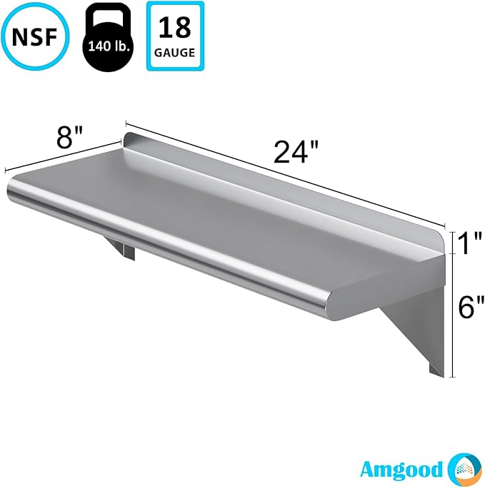 AmGood 8 X 24 Stainless Steel Wall Shelf | Metal Shelving | Garage Laundry Storage Utility Room | NSF | Restaurant Commercial Kitchen