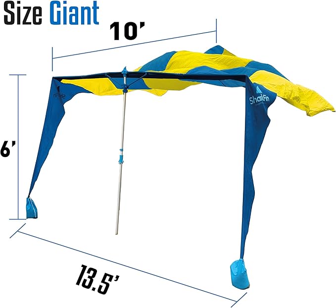 Shark FIN Shade Beach Tent Wind Sun Canopy Portable Easy Set Up UPF 50+ No Assembly Required 3-30 MPH - 1 to 8 People - Tie Downs Included - 2 Sizes Large 9' X 10' &amp Giant 13.5' X 10' PATENTS Pend
