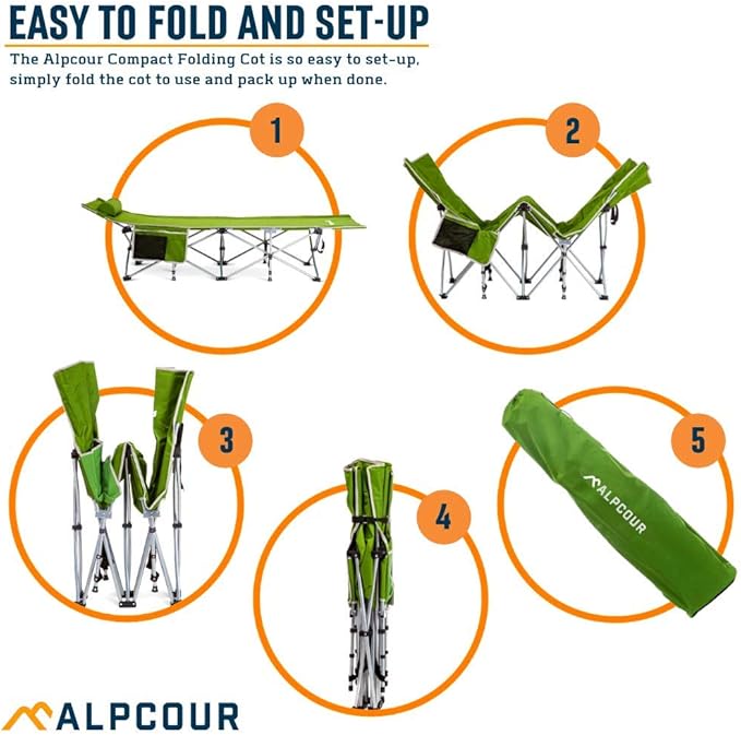 Alpcour Folding Camping Cot – Deluxe Collapsible Single Person Bed in a Bag w/Pillow for Indoor &amp Outdoor Use – Ultra Lightweight Comfortable Heavy Duty Design Holds Adults &amp Kids Up to 300
