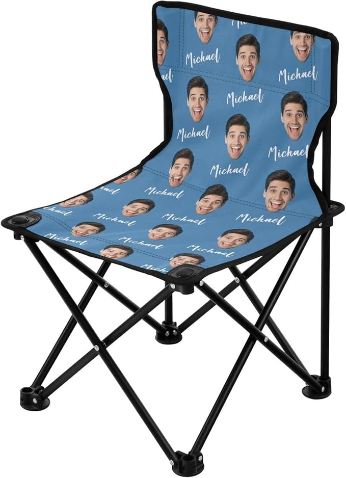 Steel Blue Custom Photo Folding Camping Chair for Teen Child Personalized Name 14.6×14.6in Portable Outdoor Chair with Carry Bag for Travel Barbeques Picnic