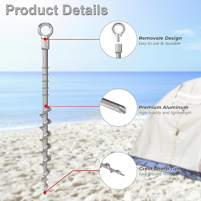 12 Ground Anchors Screw in Non-Rust Cast Aluminum Detachable Tent Stakes for Camping Tents Sand Trampoline Swing Sets and Sheds (20 Packs)
