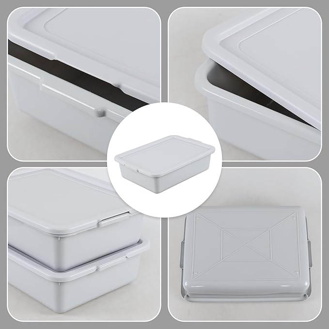 13 Liter Plastic Bus Tubs with Lids Commercial Tote Box Set of 3 Grey