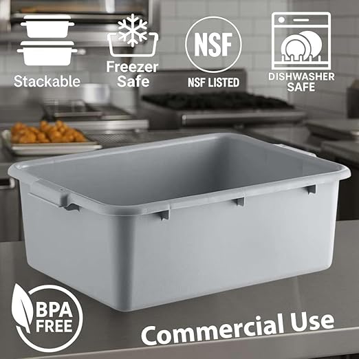 3-Pack 20 x 15 x 7 Commercial Bus Tub/Bus Box - 9 Gallons without Lid - Stackable Dish Storage Boxes for Home Kitchen Pantry or Garage Organization – Heavy-Duty and Freezer-Safe - Gray