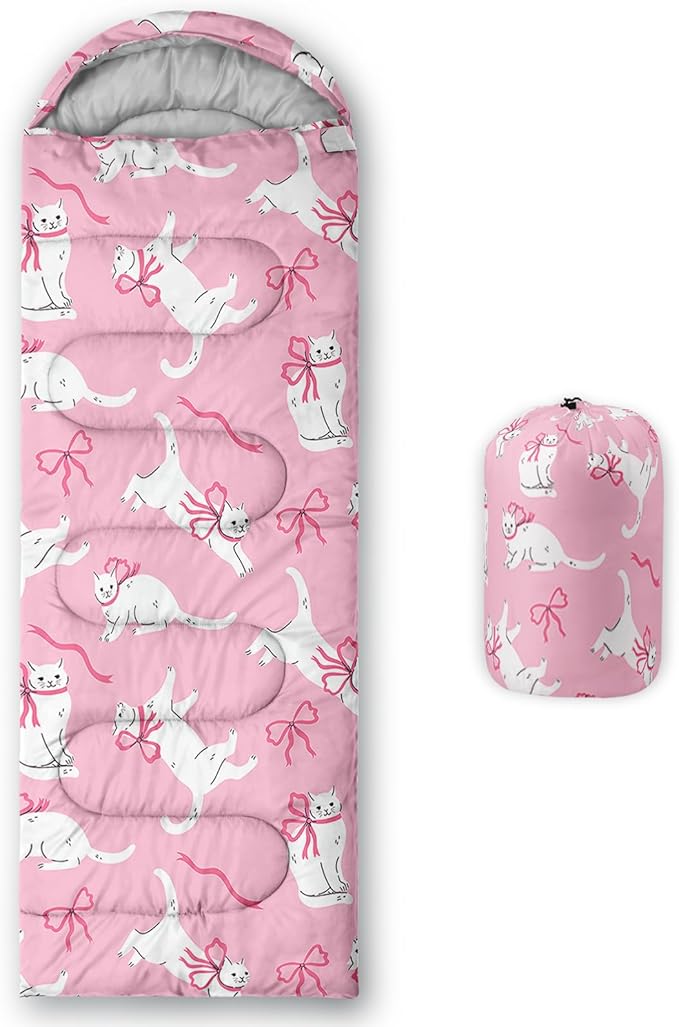 Pink Bow Sleeping BagGirly Princess Bowknot Camping Bag for Girls KidsPink and White Striped Lightweight Warm Portable Outdoor Indoor-Waterproof Cold Weather Resistant for Camping Hiking