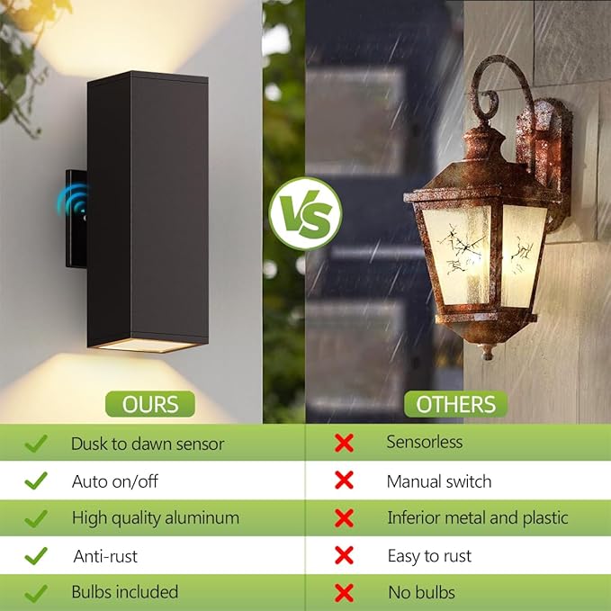 KIZON Outdoor Wall Lights with Dusk to Dawn Sensor 2 Pack Modern Outdoor Sconce Lights with Oil Rubbed Bronze Finish Aluminum Exterior Lighting Fixtures for House Porch ETL Listed
