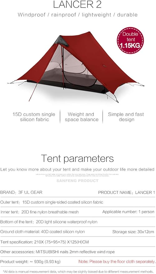 3F UL GEAR Lanshan 2 Person Tent Hiking Ultralight Camping Tent Professional 15D Silnylon Rodless Trekking Pole Tent Waterproof Backpacking Outdoor for Camping Bivvy