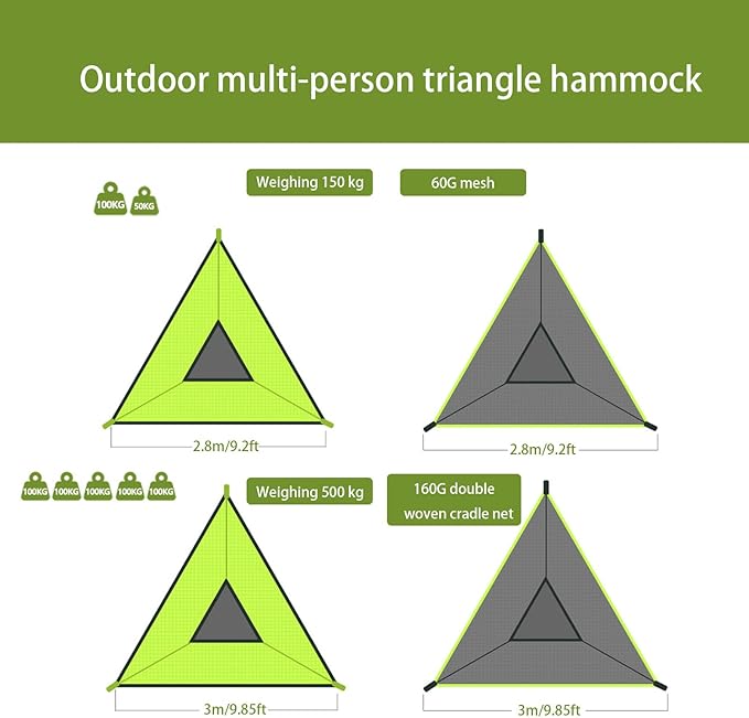 Triangle Hammock 10FT Heavy Duty 300LBS-1000LBS Capacity for 1-3 Person Portable Camping Hammock with Storage Bags Multi-Person Hammock for Outdoor Backpacking Travel (Green-2.8m-150kg)