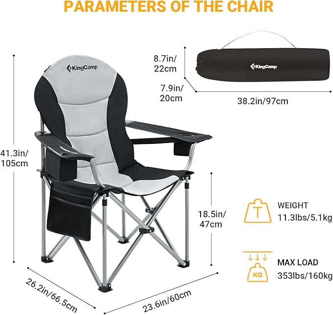 KingCamp Folding Portable Camping Chairs Oversized Padded Quad Arm Chair with Cooler Bag Cup Holder and Side Pocket Heavy Duty Supports 300 lbs for Outdoor Lawn Fishing Sports