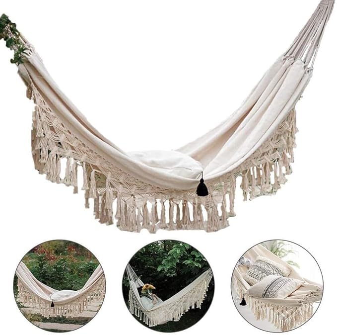 Deluxe Double Hammock Canvas Macrame Fringed Net Swing Chair Portable Hanging Swing Hammock for Camping Bedroom Garden Patio and Porch