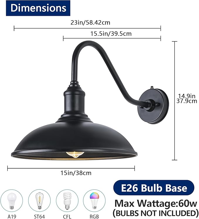 15 Inch Large Black Outdoor Gooseneck Barn Lights from Dusk to Dawn Farmhouse Barn Lights Galvanized + Painted Classic Look Suitable for Porch Garage Outdoor Lighting.