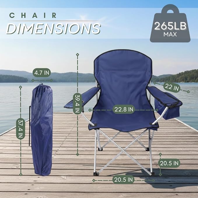 Pack of 4 Portable Lawn Chairs with Built-in Can Cooler Storage Pocket Carry Bag and Cup Holder Includes Carry Bag (4 Navy)