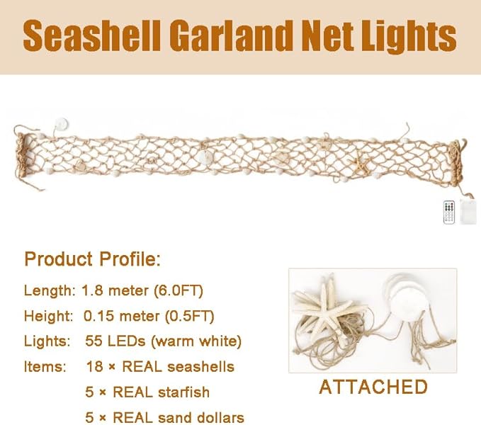 Seashell Garland 6.0FT (Length) × 0.5FT (Height) Rectangular Net Lights Beach Decor USB Battery Operated Ocean Light with Real Starfish Sand Dollars - Magic Conch Shell Beach Decorations for Home