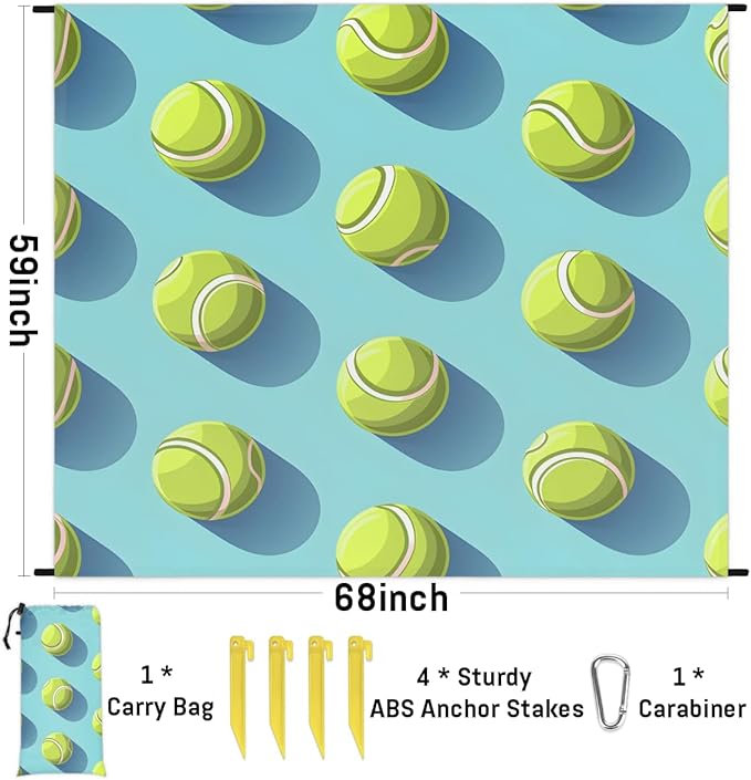 Waterproof Sandproof Beach Blanket 59''×68'' Tennis Polyester Outdoor Picnic Blanket with 4 Stakes &amp Storage Bag for BeachCampingVacation Green