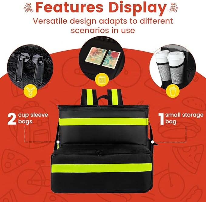 Food Delivery BagLarge Insulated Backpack for Doordash/Uber Eeats Expandable Cooler Bags for Bike/Motorcycle with Reflective Strip and Cup HoldersReusable Pizza Food Delivery Bag with Hand Straps