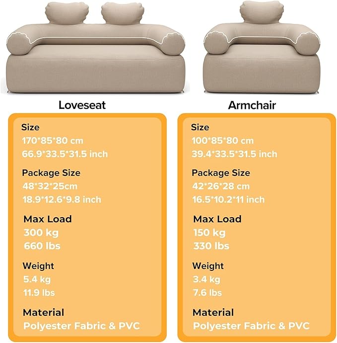 LUOOV Portable Inflatable Air Sofa with Built-in Pump Durable Camping Lounger for Adults 66.9x33.5x31.5 Khaki Loveseat - Ideal for Backyard Beach &amp Music Festivals