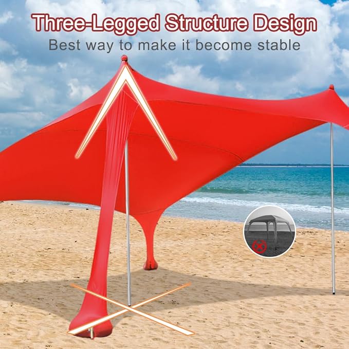 Beach Tent Sun Shelter 6.56 x 5.25ft UPF Sunshade with Sandbags &amp Aluminum Poles Portable Pop-Up Tent for Camping Picnics Fishing Fits 2-3 People (Red Includes Carry Bag &amp Shovel)